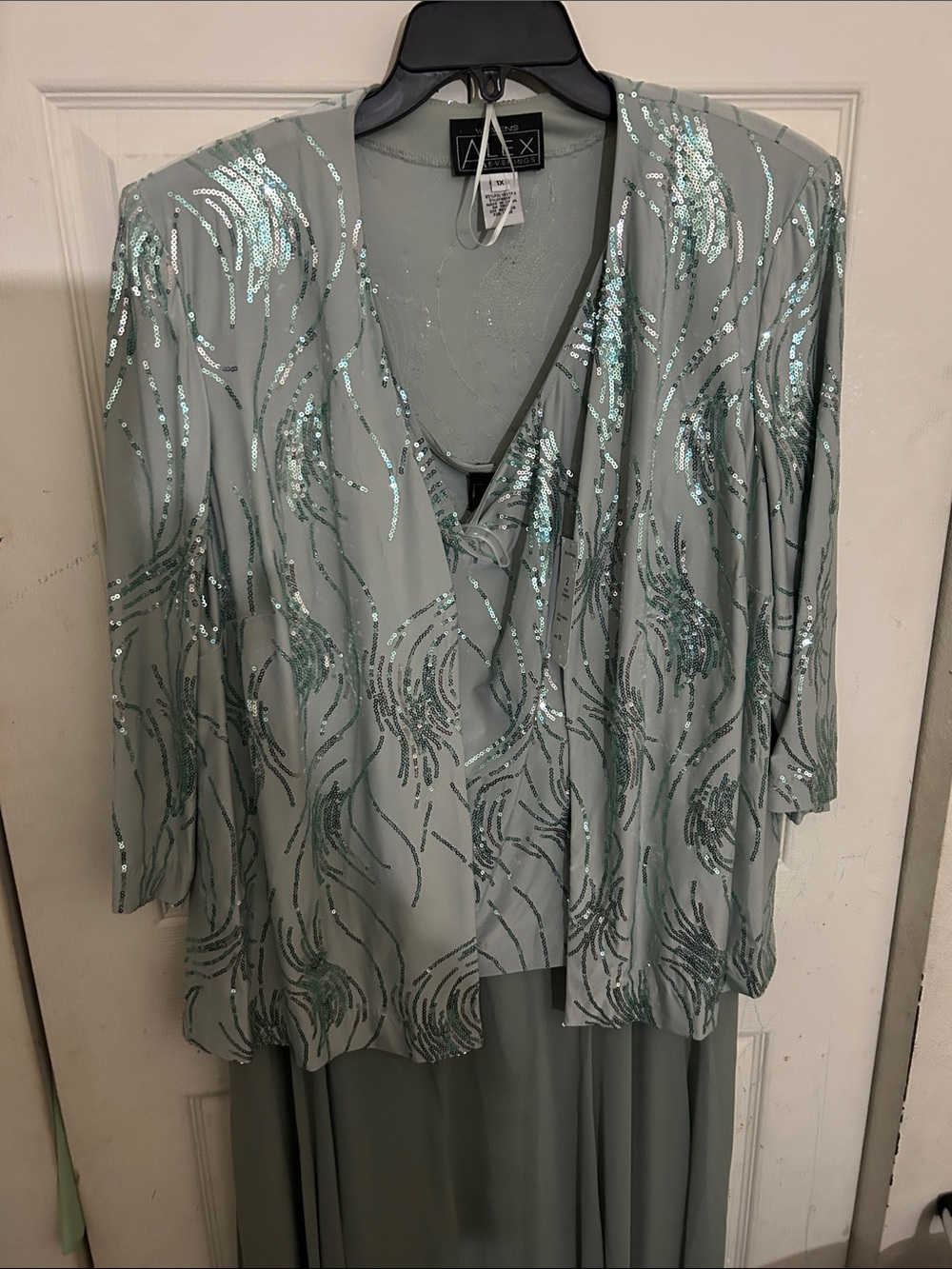 Alex Evenings Sage Sequin V-Neck tank Top with matching jacket and skirt.